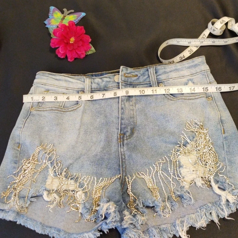 AKIRA Denim shorts Rhinestone fringed.